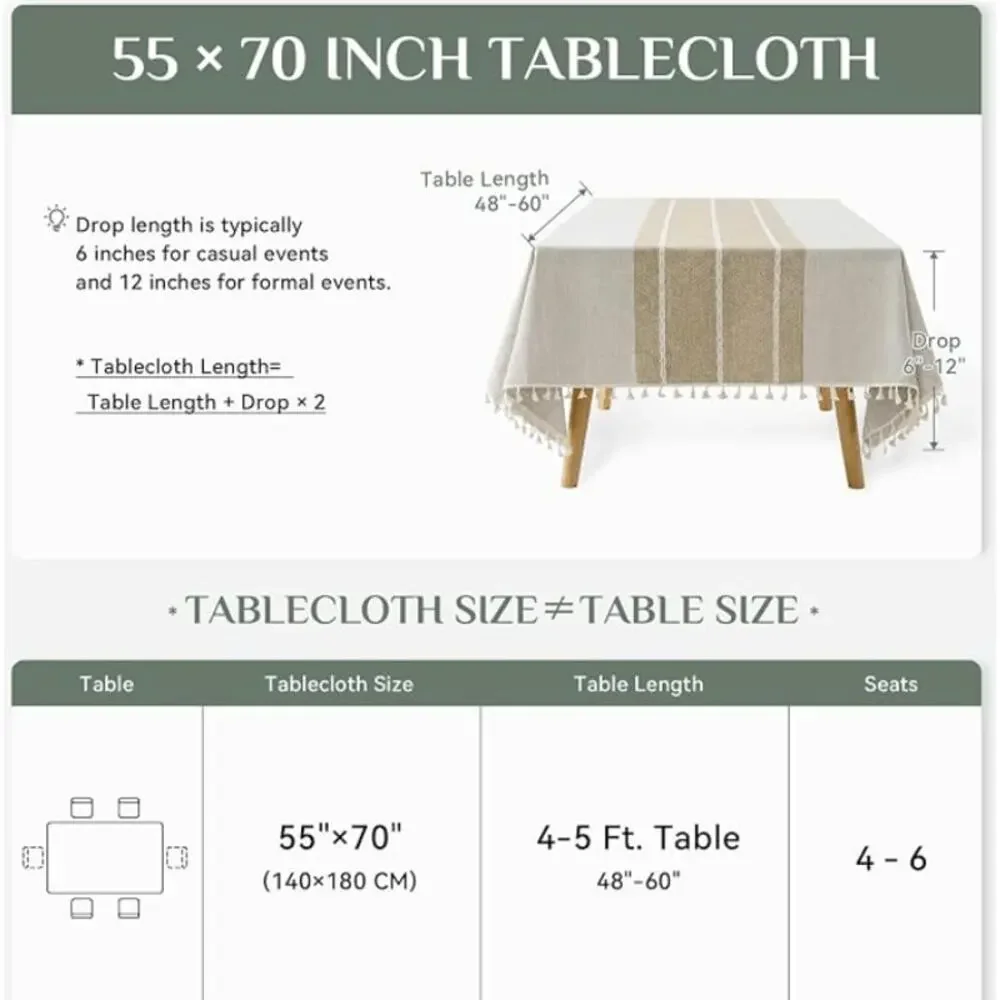 Outdoor Linen Tablecloth Rectangle w/ Tassels, Waterproof Cotton Boho Farmhouse